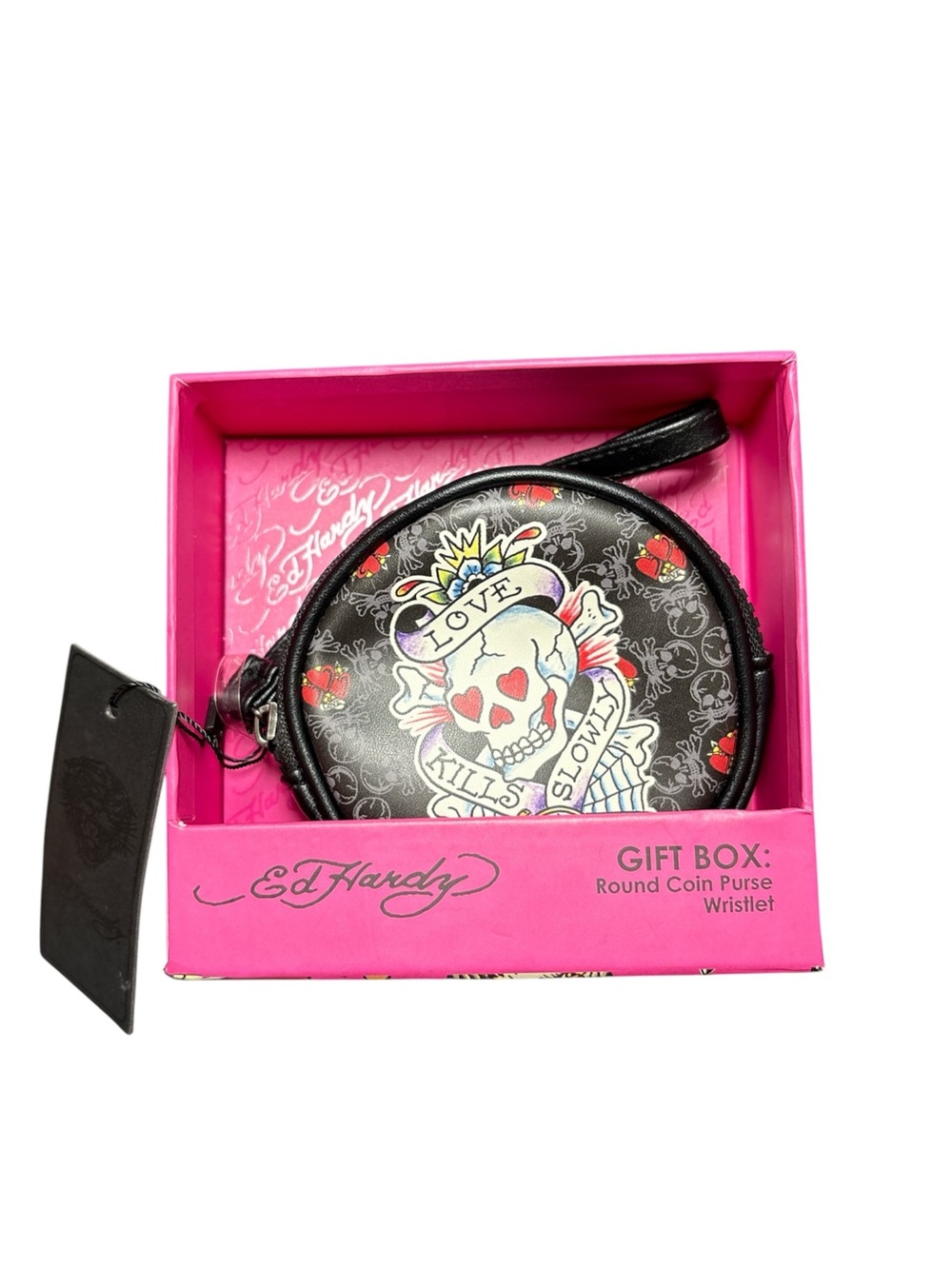 Ed Hardy Love Kills Slowly Black Round Coin Purse Wristlet Y2K NWT
